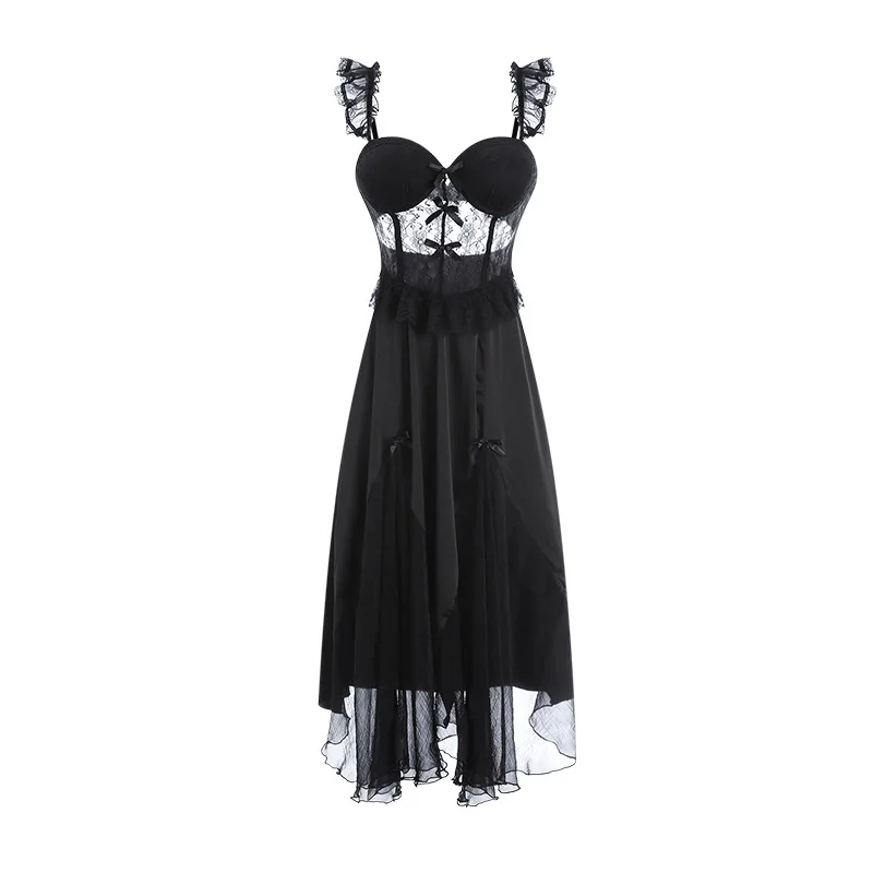 Vestido de Cosplay Transparente Sexy Lace feminino, Lingerie de noiva, vestido longo de casamento sem encosto feminino, Conjuntos de robe fino sólido, atacado