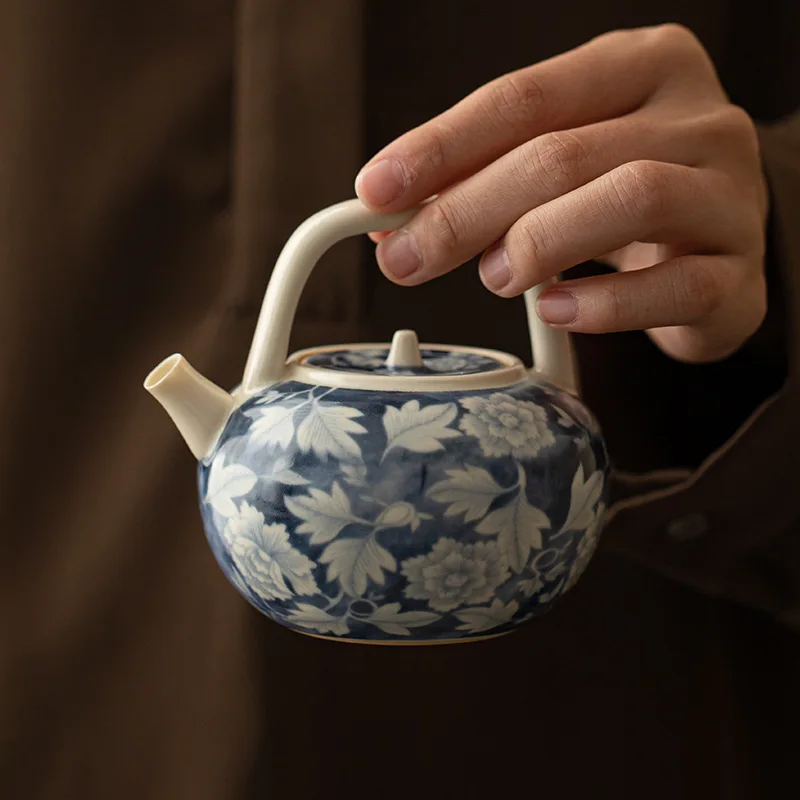 Soda Glaze Yuanqinghua Teapot Ceramic Single Pot Side Handle Pot Handle Pot Open Slice Tea Kettle