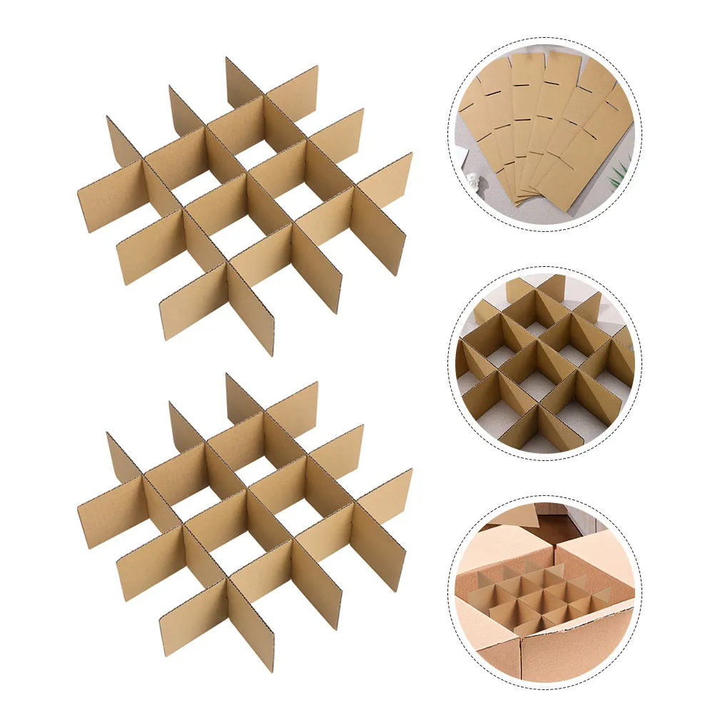 4個セット、335x335x80mmの厚手段ボール製仕切り板。16区画に分かれており、ガラス製の皿、ワイングラス、食器などの梱包に最適。