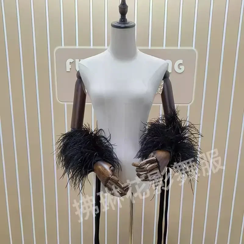 Vestido de baile latino de salón, pluma de avestruz, mano aleteada, accesorios de baile moderno, Mangas de brazo, disfraz de actuación de Vals, puños