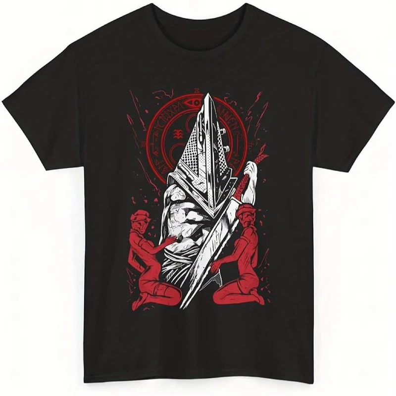 200g round neck short sleeved T-shirt casual game server men's and women's silent mountain 2 red pyramid head pattern T-shirt
