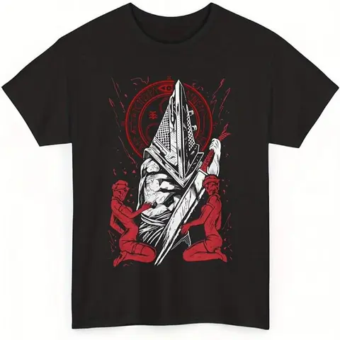 200g round neck short sleeved T-shirt casual game server men's and women's silent mountain 2 red pyramid head pattern T-shirt