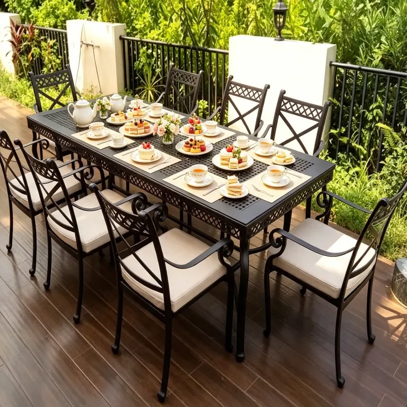 XZM-260 Outdoor Black Cast Aluminum Table and Chair Set Striped Table Top Cross Back Leisure Chair Patio Furniture