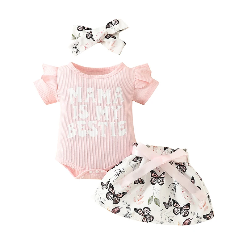 

Summer Baby Girl Clothes Butterfly Print Skirt Suits Short Sleeve Letter Bodysuit Hairband 3Pcs Set Baby Girl clothes 0-18Months