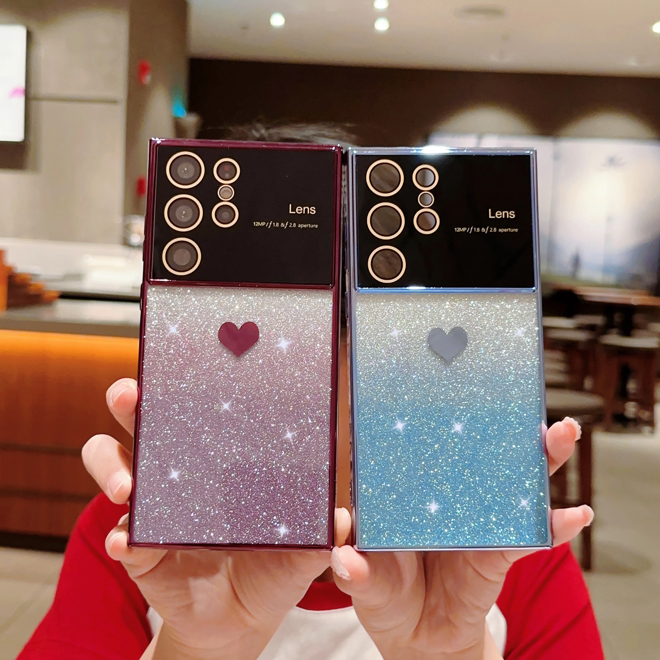 Luxury Plating Glitter powder Case For Samsung Galaxy A53 A52 A54 5G S21 S23 FE S22 S24 Ultra Side Love Heart Pattern Soft Phone