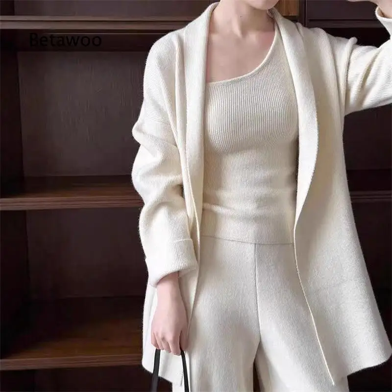 Sophisticated Knit Sweater Three Piece Outfit Including Cardigan Tank Top And Wide Leg Pants For Women For Autumn Winter Cross B