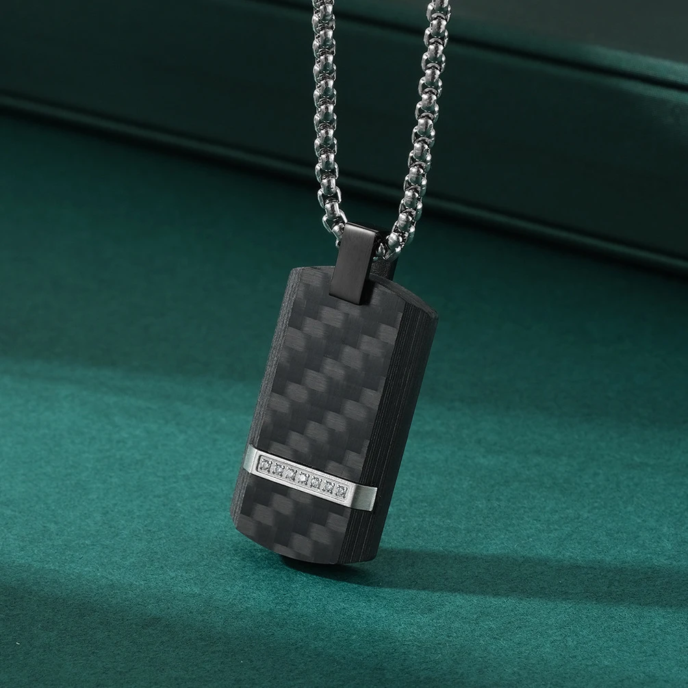 Men\'s Personalized Necklace Black Pure Carbon Combination Stainless Steel With White Zirconia Military Pendant