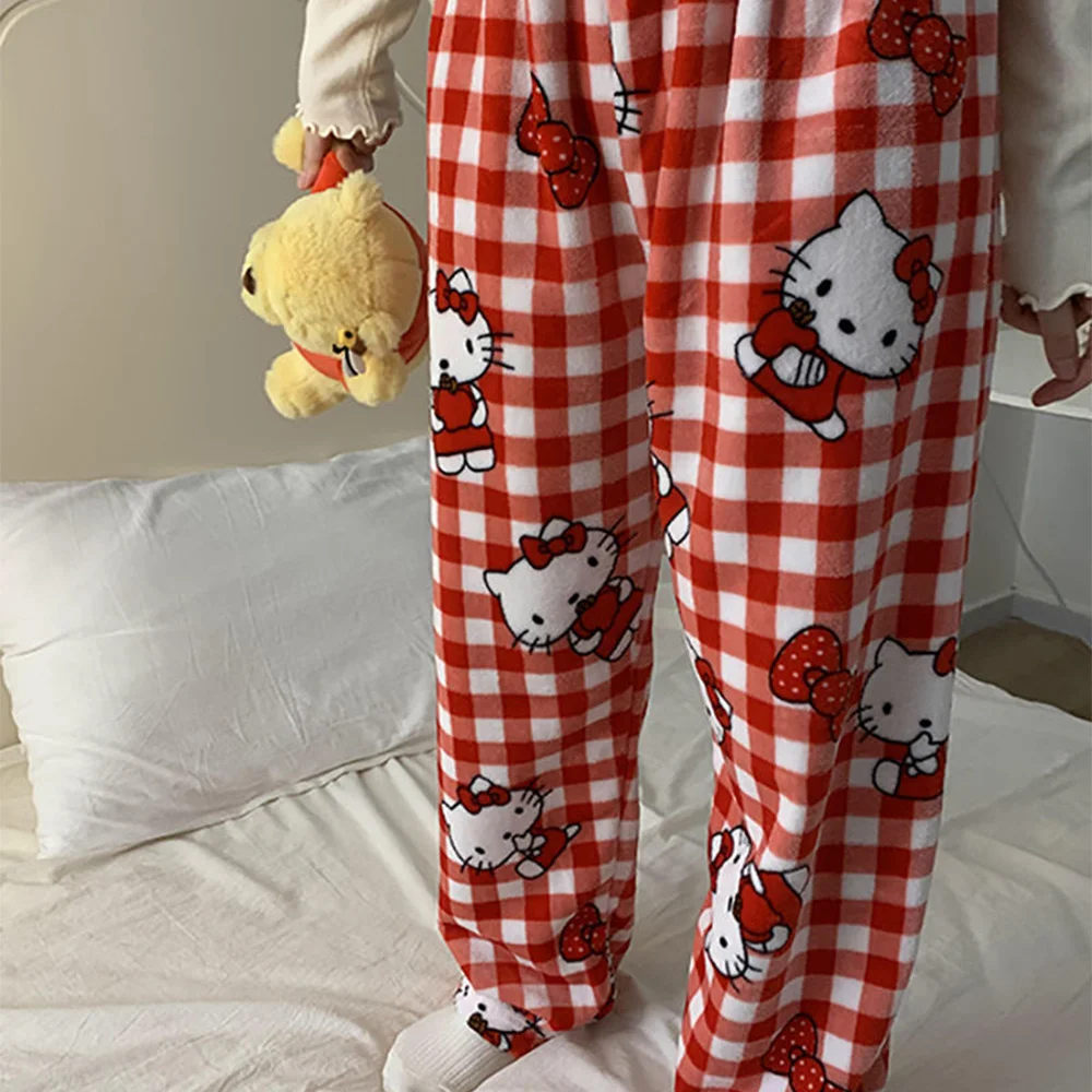 Sanrio Hello Kitty Flannel Pajamas Trouserswomen Kawaii Woolen Cartoon Casual Home Pants Autumn Women's Clothin Girl Gifts