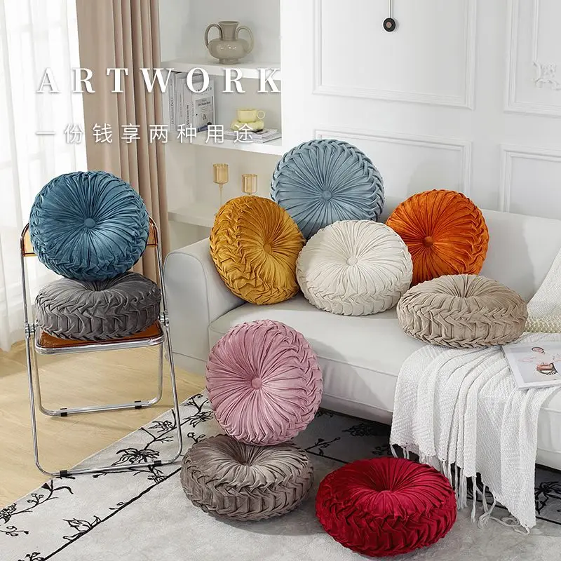 European Style Sofa Pillow Throw Luxury Velvet Cushion Pleated Fabric Handmade Round Wheel Pumpkin Seat Pillow for Kids