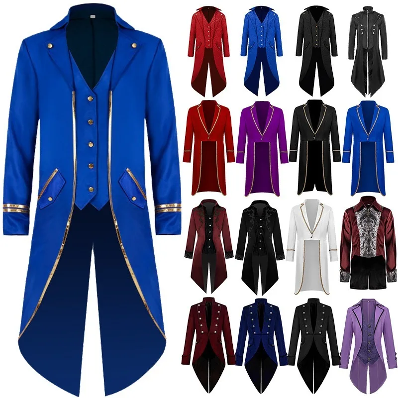 Unisex Gothic Tailcoat Long Trench Coat Fake Two-piece Design Vampire Cosplay Costume Long Outerwear For Halloween Stage Party