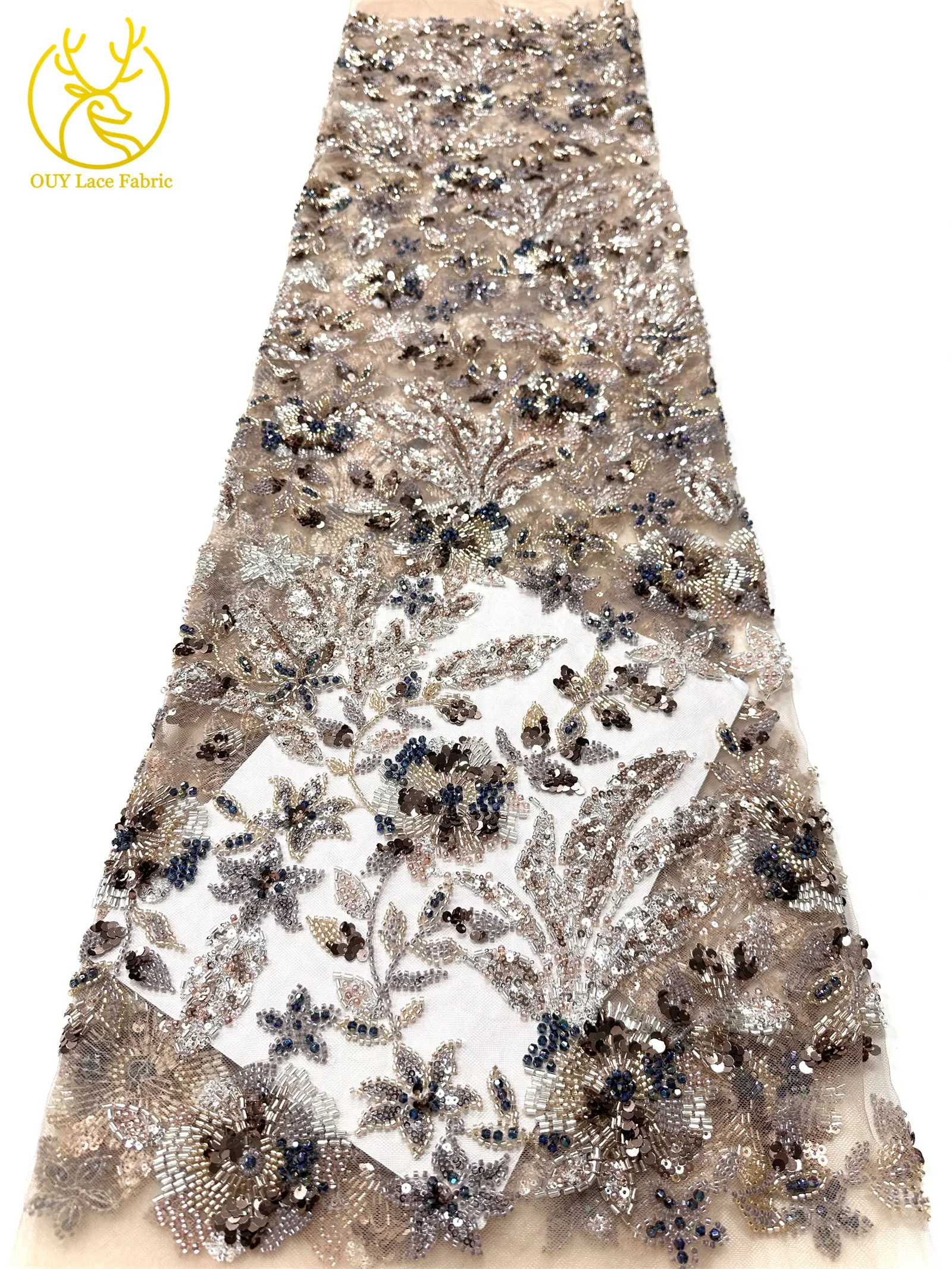 Modischer nigerianischer bestickter Perlen-Spitzenstoff, eleganter afrikanischer Pailletten-Netzstoff für Brautkleider und Partykleider zum Nähen – Detail 26