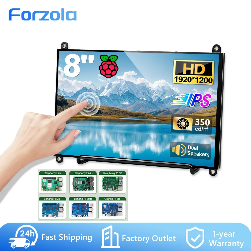 FORZOLA Raspberry Pi Screen 8" 1920x1200 10-Point Capacitive Touch Monitor For Raspberry Pi 5/4/3 Driver Free Built-in Speakers