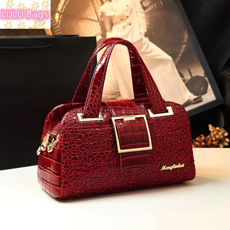 

Cowhide Leather Women Handbags Crocodile Pattern Mom Lace Bag Shoulder Messenger Three-layer Zipper Lady Portable Boston Bags