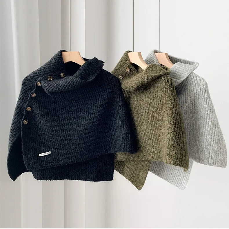 Women High Neck Split Wool Shawl Cape Knit Cardigan Wrap Scarf Button Warm Autumn Winter Outerwear for Daily Wear