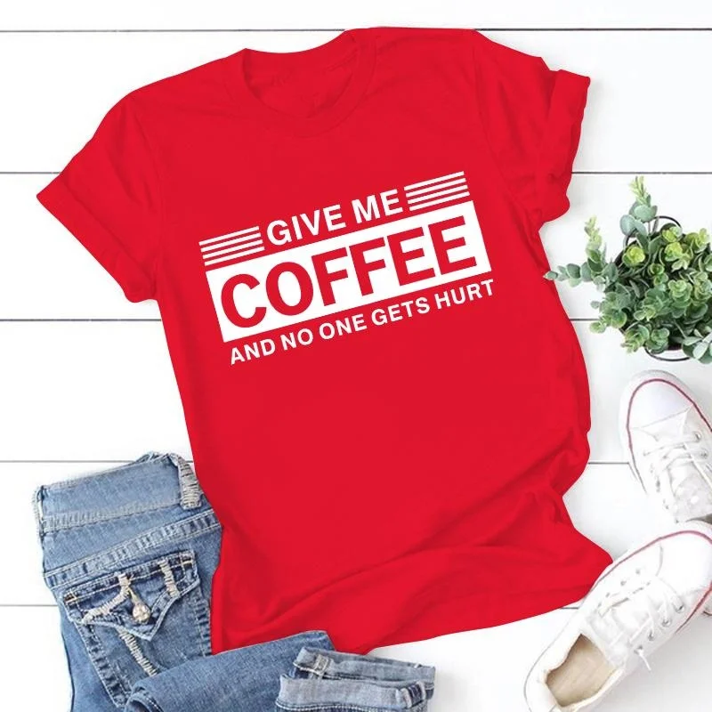 Women Fashion Short Sleeve Tee Shirt Lady Casual Loose New Round Neck T-shirt Top Plus Size Funny 'Give Me Coffee Print T Shirt