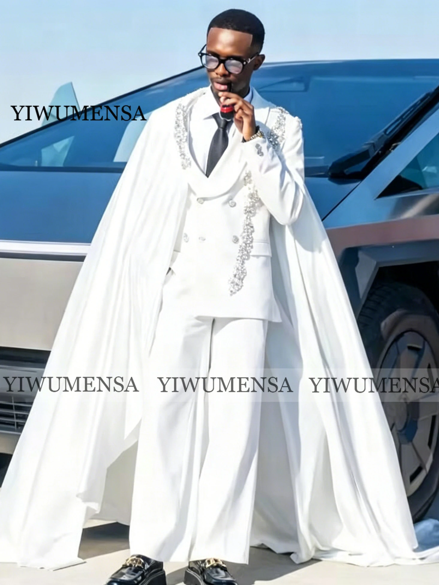 Exclusive Beaded Stones Suit Man For Wedding Single Breasted Prom Blazer With Cape Long Customized 2 Piece Trajes Para Hombre