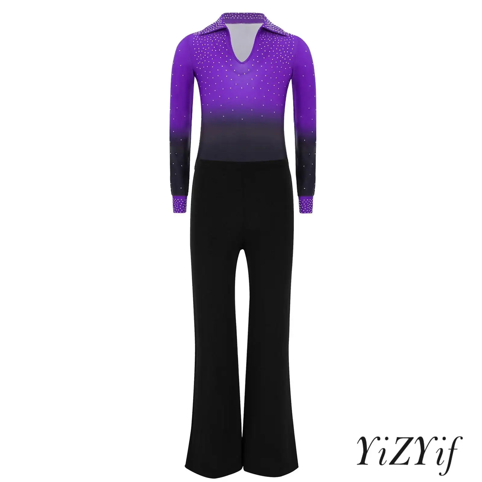 Costume de danse Jazz Latin Chacha pour enfants garçons, manches longues, strass brillants, dégradé de couleur, justaucorps avec pantalon, ensemble vêtements de danse latine