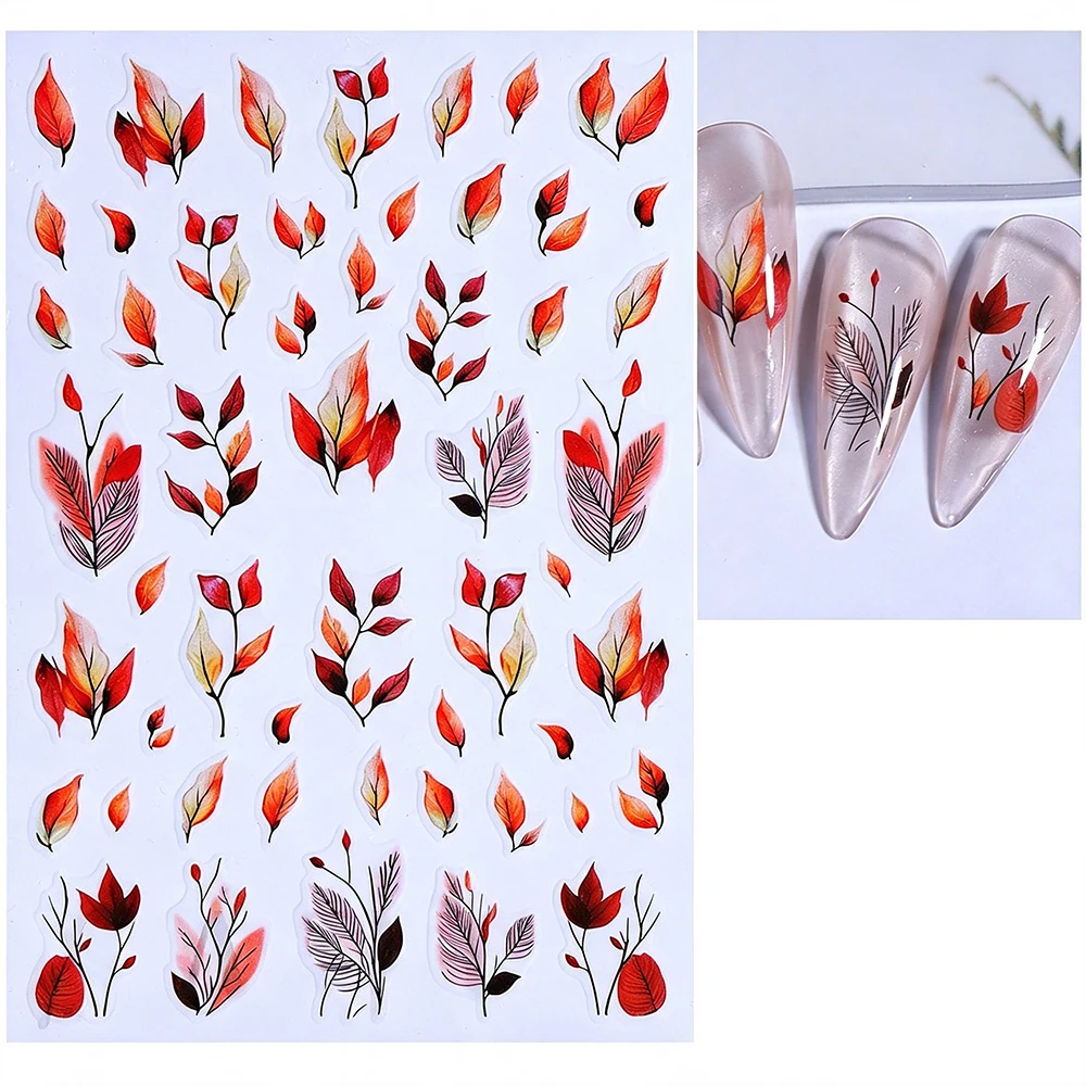 1pcs Red Autumn Fallen-leaf Nail Art Stickers Watercolor Gradient Yellow Orange Withered Leaf Nail Decals Maple Leaf Manicure