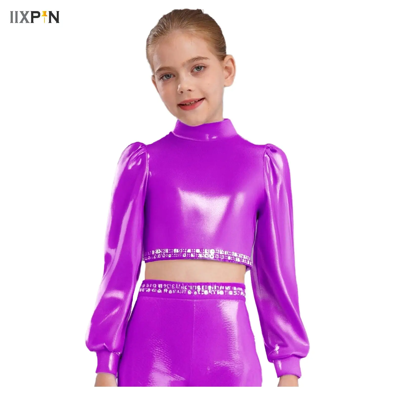

Kids Girls Ballet Dance Tops Long Sleeves Shiny Rhinestones Metallic Crop Top Jazz Dance Performance Workout Costume