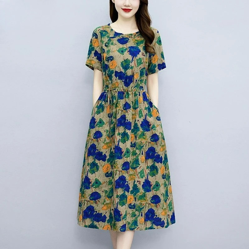 

Модные женские хлопковые льняные платья с круглым вырезом и короткими рукавами, повседневное платье на каждый день, весенне-летние платья с цветочным принтом S507