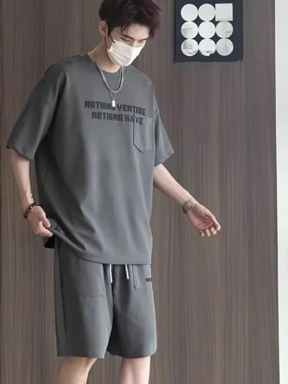 

plus Size Ice Silk T-irt Men's Loose ort Sve f Sve Summer Casual Sportswear Set for Fat Men Youth ort Pants