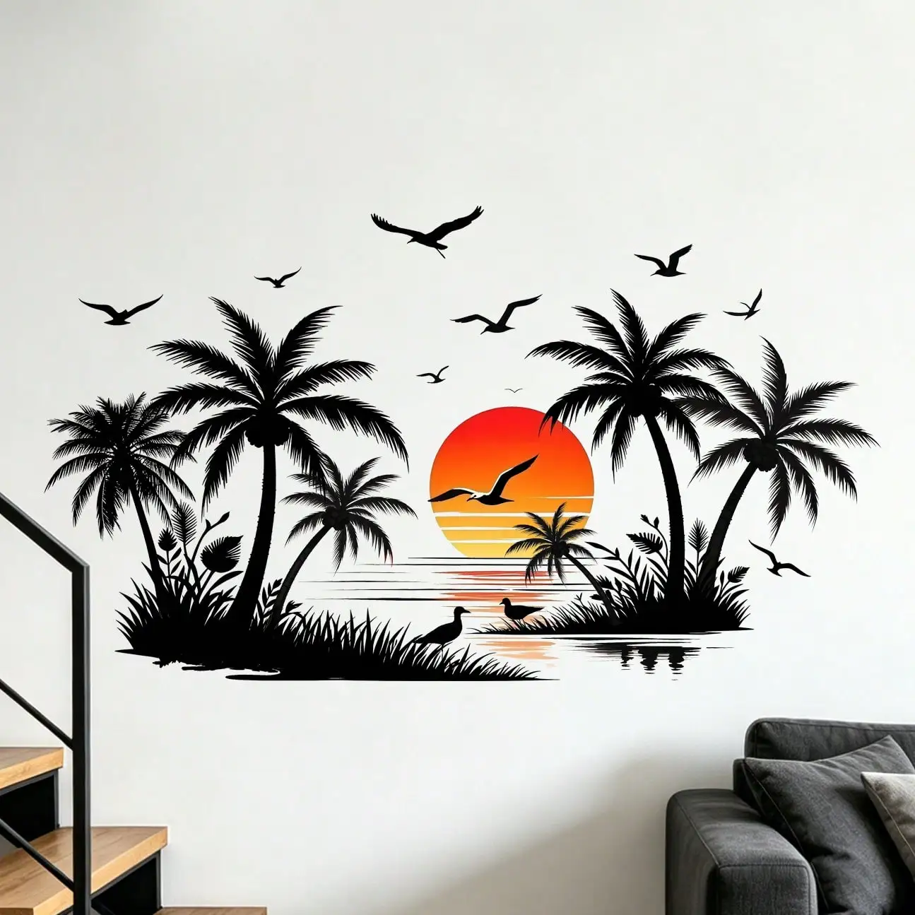 Tropical Sunset Silhouette Wall Stickers Coconut Trees/Seagulls/Sunset Living Room/Bedroom Wall Decoration Self Adhesive Sticker