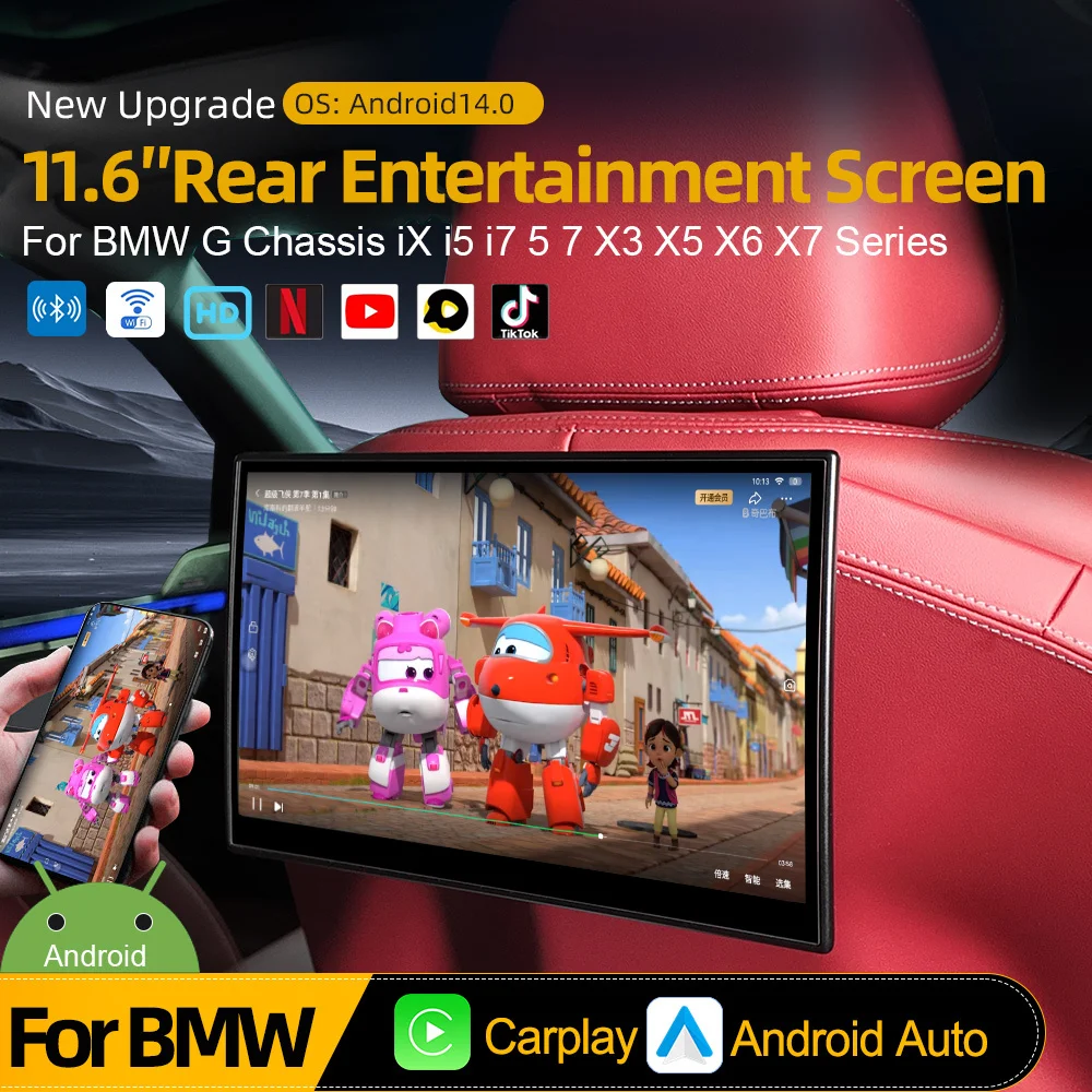Yes Android14 Headrest For BMW G Chassis iX i5 i7 5/7Series X3 X5 X6 X7 Rear Entertainment Screen Speaker&Bluetooth Video Player