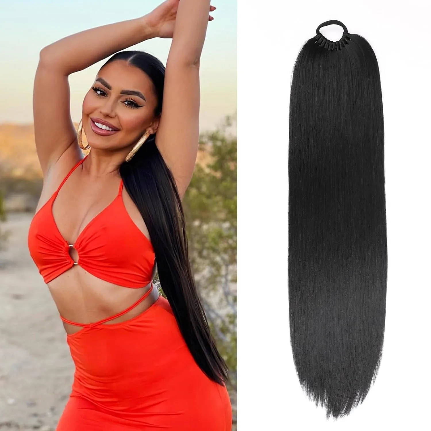 24-Inch Long Straight Synthetic Drawstring Ponytail, No Shedding No Odor, Easy Clip-in for Extra Length & Volume