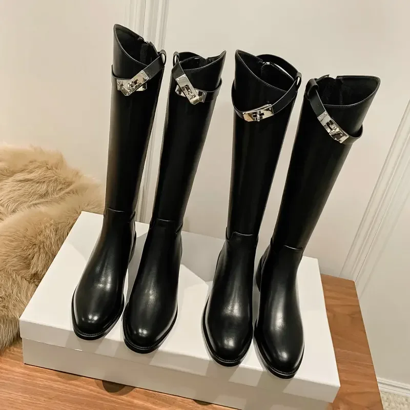 Luxury Brand Genuine Cow Leather Black Nude Color Knee-high Riding Equestrian Shoes With Metal Lock Western Winter Women Boots