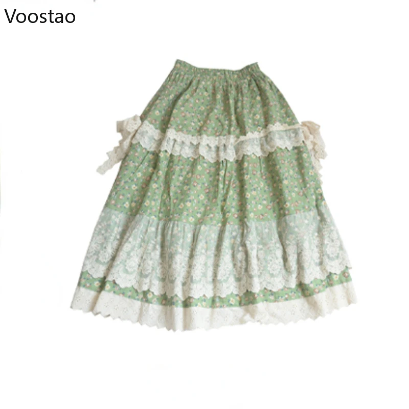 Mori Girl Style Sweet Floral Print Lace Skirt Women Elegant Mesh Patchwork Cotton and Linen Midi Skirt Casual High Waist Skirts