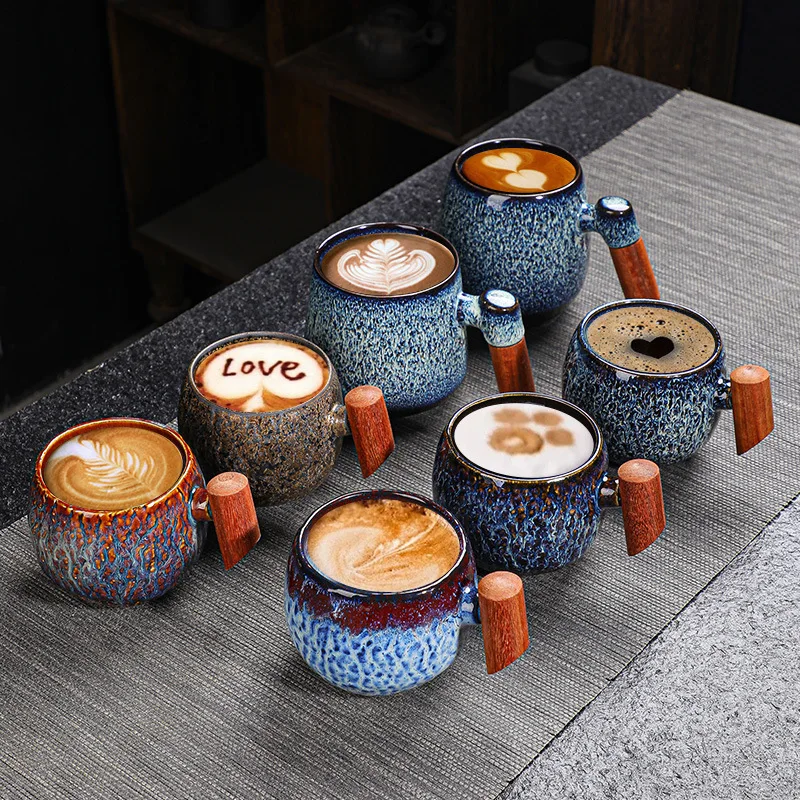 

HomeDrinkware 2025 ins kiln-changed ceramic wooden handle mug office coffee cup creative tea cup personalized household milk cup