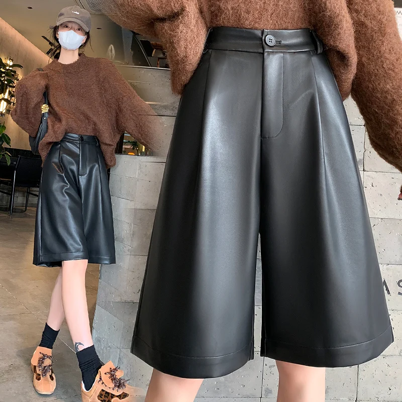 Herbst Winter PU Leder frauen Breite Bein Hose 2025, Neue Hohe Taille Taste Schwarz Vintage Casual Lose Halbe Hosen weibliche