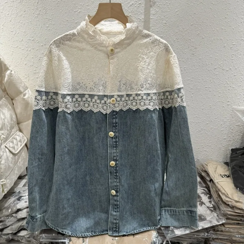 Korean Contrast Stitching Lace Collar Shirt Women\'s 2024 Spring New Long Sleeve Top Fashion Denim Shirt