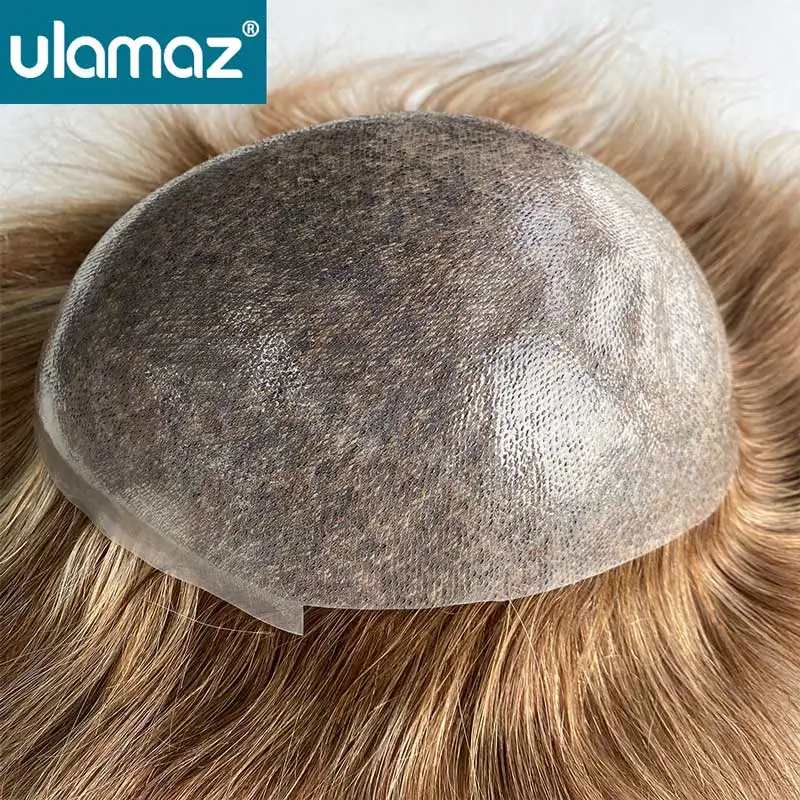 تسليط الضوء على الشعر الأشقر 0.08 مللي متر الجلد الذكور الشعر الاصطناعية عقدة بولي Toupee الشعر الرجال نظام الشعر الملون شعر مستعار للرجال شعر الإنسان الذكور الباروكات #4