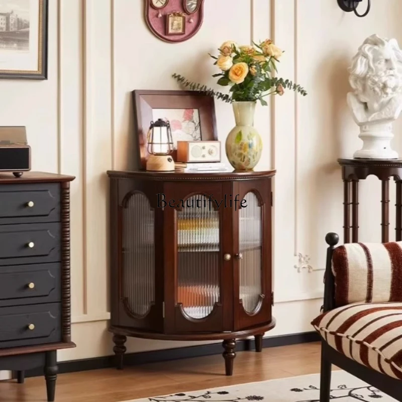 

American solid wood retro semicircular entrance foyer cabinet antique living room curved storage cabinet