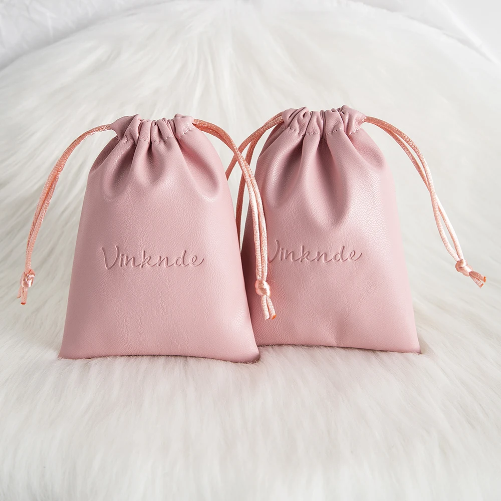 

100 White Pink Custom Drawstring Bags Soft PU Leather Bag Personalized Logo Name Jewelry Packaging Pouch Chic Wedding Gift Sack