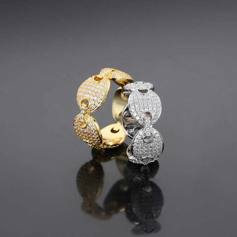 

Iced Out Coffee Bean Pig Nose Ring 1/8/K Plated Bling Cubic Zirconia Hip Hop Ring For Women Boutique Jewellery Luxury Man Rings