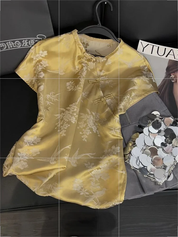 

New Chinese Sle Acetate Embroidered Button irt Women Summer Elegance Retro Zen Svel Vest Top round Ne ort Sve