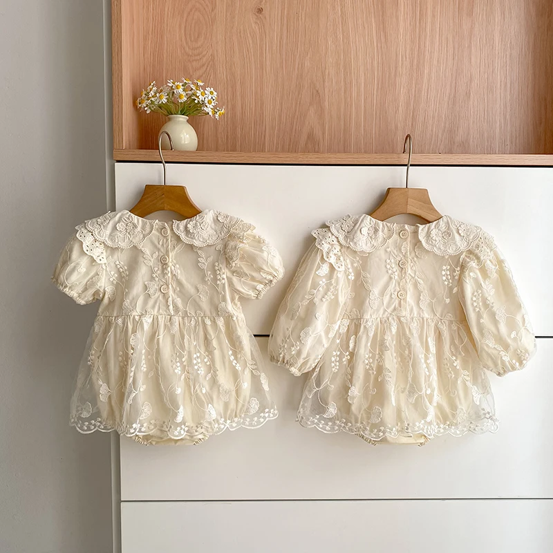 Baby-Mädchen-Strampler aus Spitze, langärmelig, mit Stickerei, Peter-Pan-Kragen, Body, Neugeborenen-Overall, beige, Geburtstags-Foto-Outfit, 0-24 Monate – Detail 19