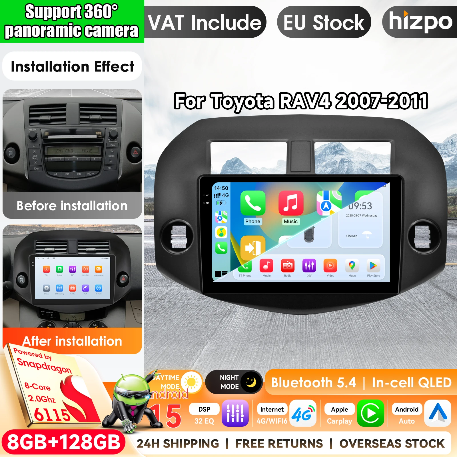 Android 15 für Toyota RAV4 Rav 4 2007 2008 2009 2010 2011 Autoradio Multimedia-Videoplayer 2 Din Carplay Stereo mit Apple CarPlay Smart Intelligent Systems 2 Din Autoradio Headunit Navigation Pro AI