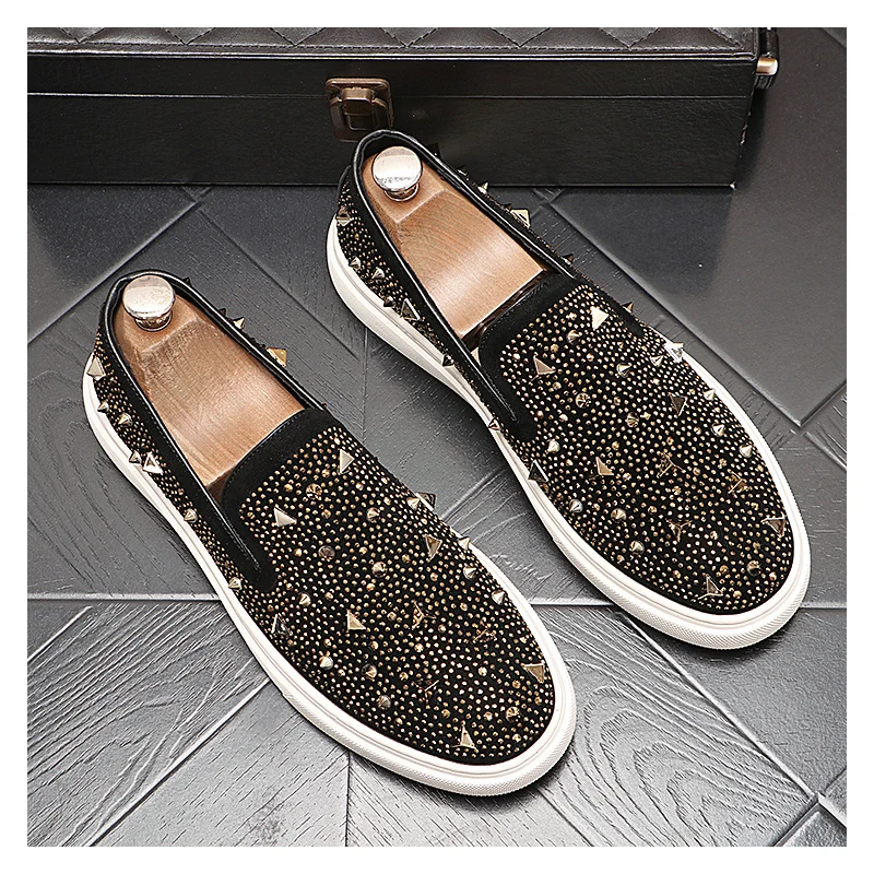 men fashion stage nightclub rivets shoes slip-on spikes studded shoe cow suede leather flats loafers designer stylish footwear