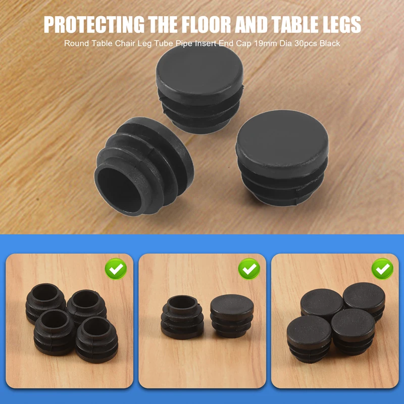 Round Table Chair Leg Tube Pipe Insert End Cap 19Mm Dia 30Pcs Black