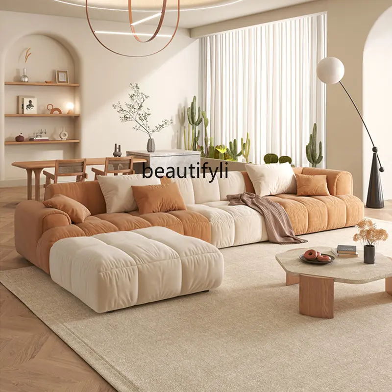 Tofu Block Sofa Cream Small Apartment Living Room Faux Leather Straight Row Module Combination Sofa