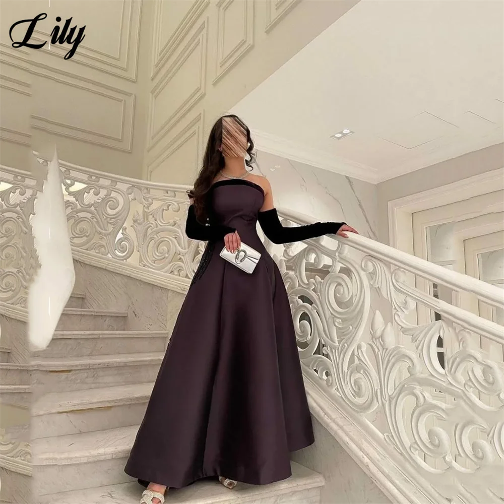 Lily Dark Purple Formal Gown Satin Strapless Sleeveless Prom Dresses with Black Embellishments فساتين مناسبة رسمية Customized
