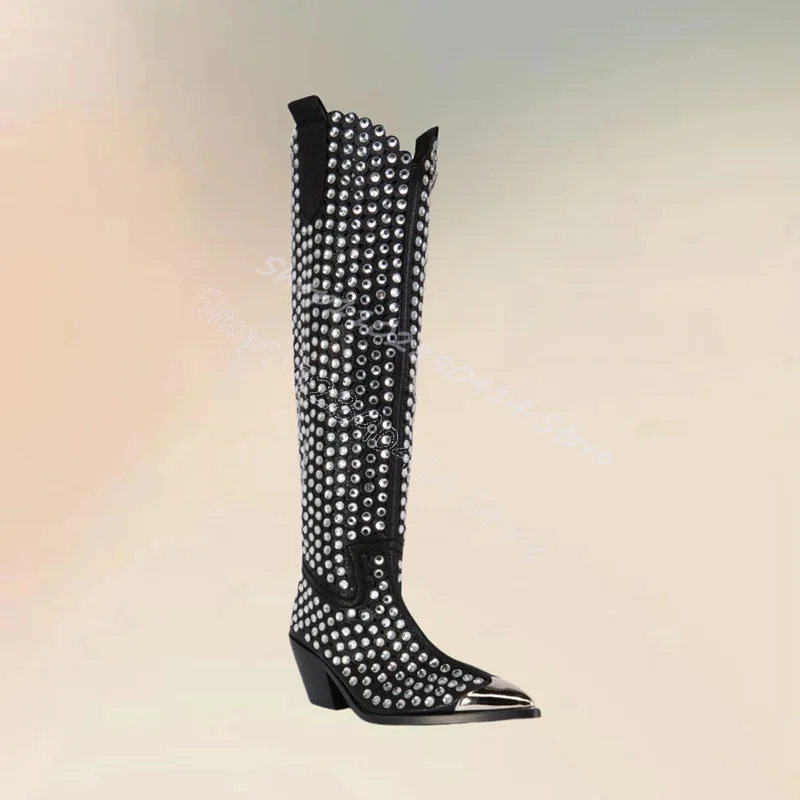 

Silver Crystal Decor Metal Pointed Toe Boots Slip On Women Shoes Chunky High Heels Fashion Party Feast 2025 Zapatos Para Mujere