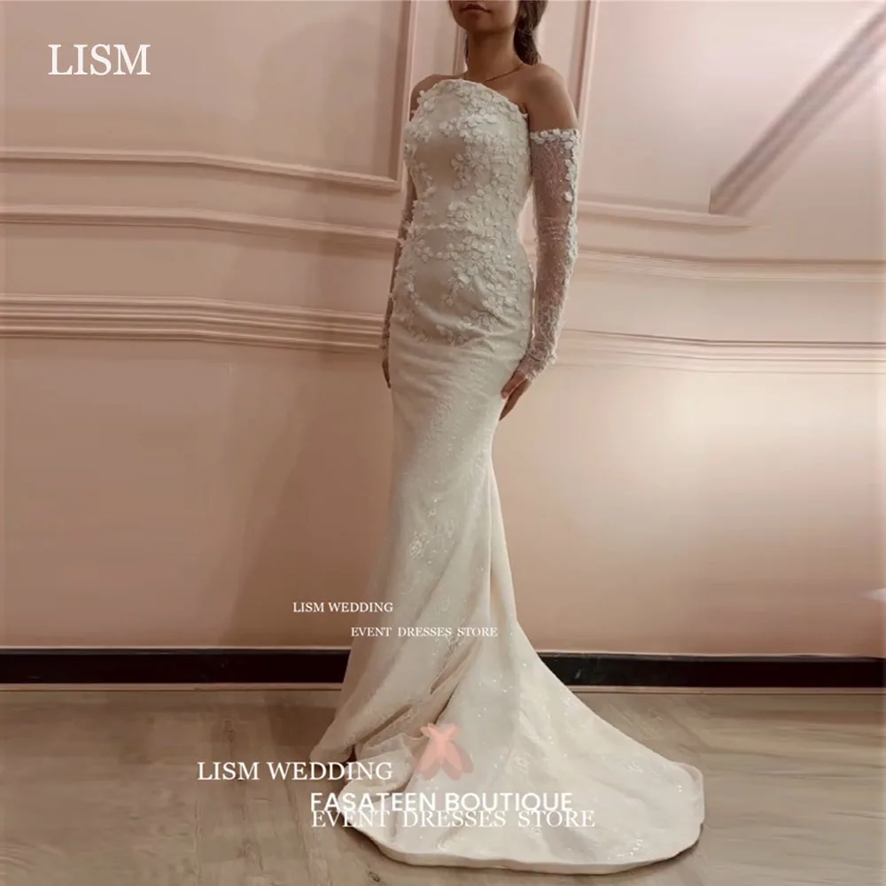 LISM Luxury Scalloped Lace Meraid Wedding Dresses 2025 Remove Long Sleeves Bridal Gown Custom Appliques Button Vestidos De Novia