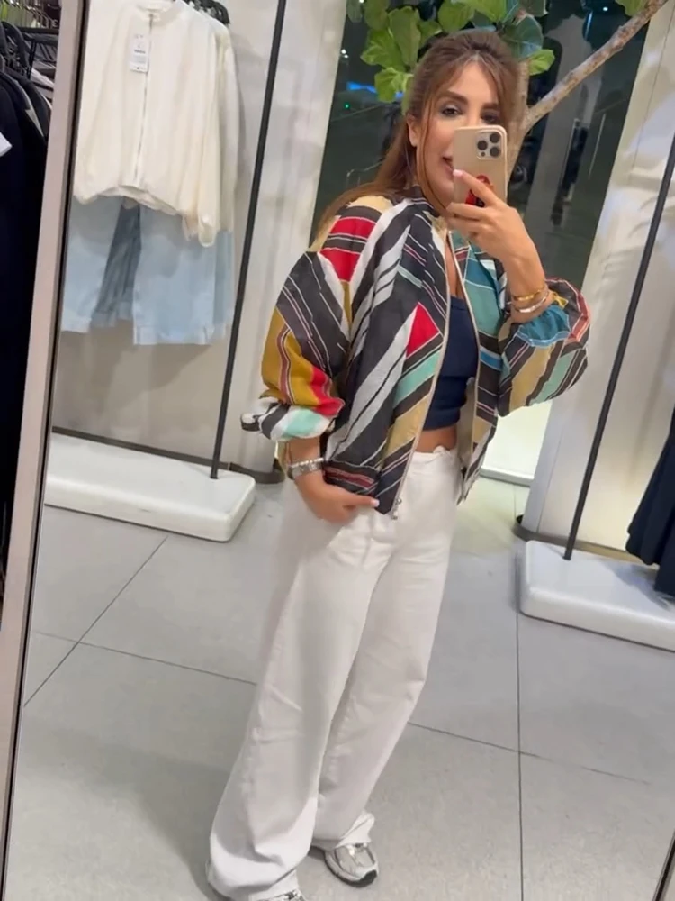Casual Stand Collar Geometric Print Jacket Irregular Pattern 2026 Autumn Chic Artistic Women  Outerwear Lady Overcoat Street