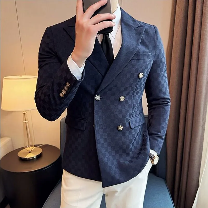6 Color Luxury Double Breasted Blazers Coats 2024 New Fashion Checkered Business Slim Fit Social Formal Suit Jacket 5XL-M
