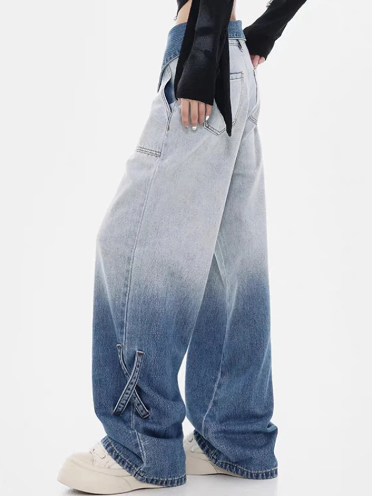 Gradient Blue Washed Baggy Jeans Women Y2k Vintage Casual Wide Leg Pants Korean Streetwear Straight Trousers Chic Design Sense