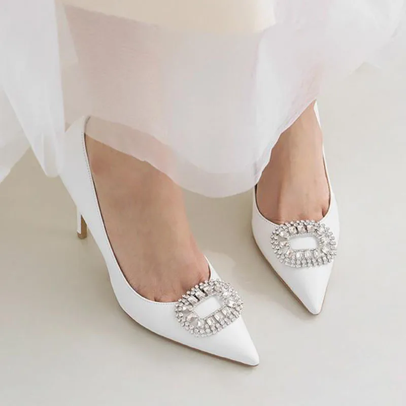 

8cm New Fashion Pumps Satin Pointed Toe with Rhinestone High Heels Ankle Wrap White Wedding Bride Women Shoes 40 41